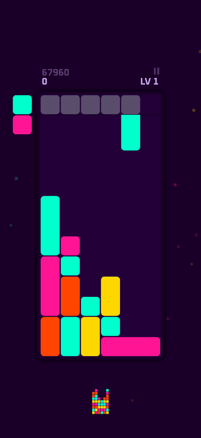Ultravioleta gameplay in the neon dark theme — colored pieces stacked on a 6×12 board with score and level shown.